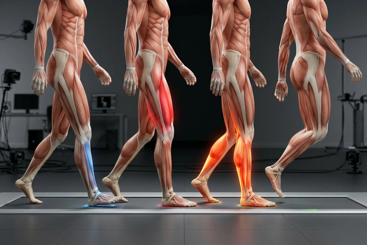 정상 보행주기(디딤기 60% · 흔듦기 40%) 단계별 하지 근육 활성 3D