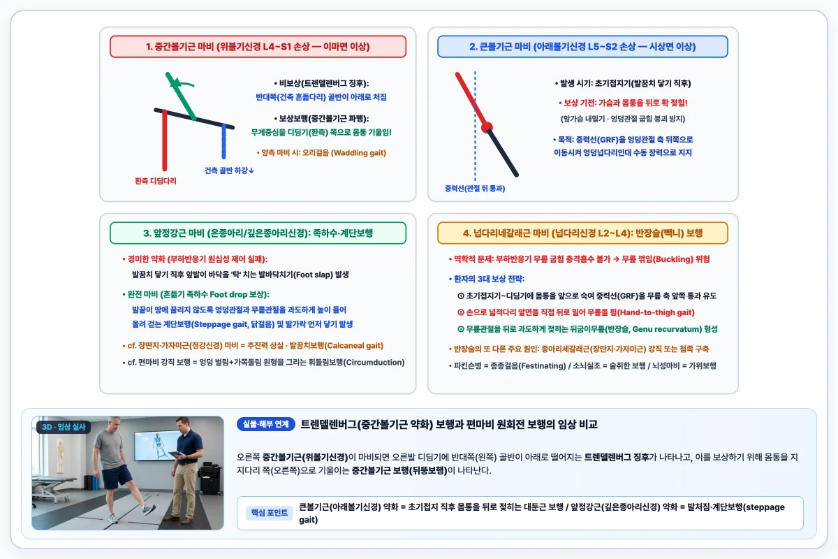 중간볼기근 마비 트렌델렌버그 및 보상보행, 큰볼기근 보행, 온종아리신경 마비 계단보행, 반장슬 비교 도해