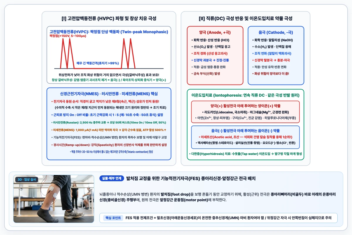 고전압맥동전류의 짝정점 단상파 및 창상 치유 극성과 이온도입치료 양극·음극 약물 이온 이동 도해