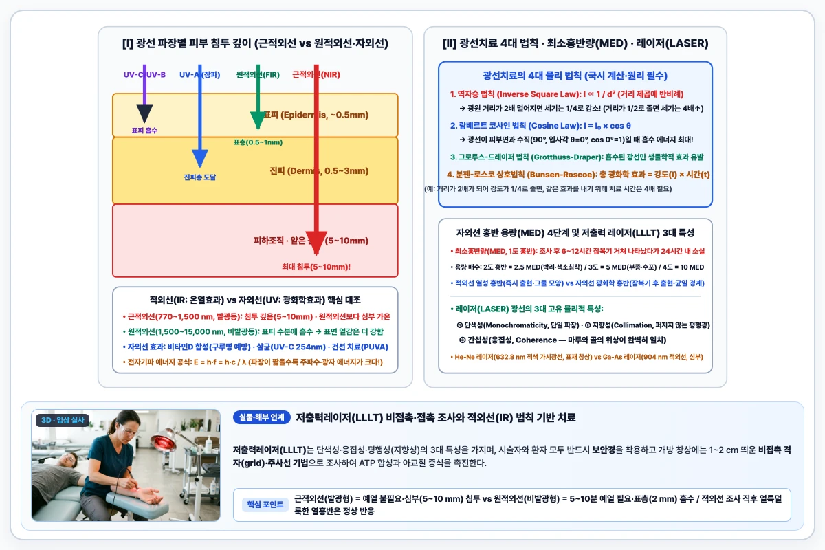 자외선과 근적외선·원적외선의 피부 침투 깊이 비교 및 역자승 법칙과 코사인 법칙 도해