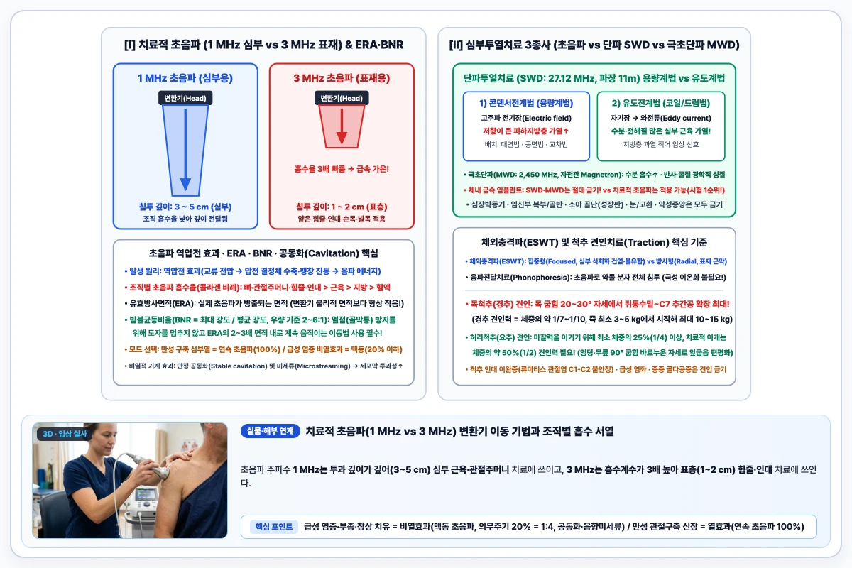 치료적 초음파 1MHz 심부 침투와 3MHz 표재 침투 비교 및 유효방사면적·빔불균등비율·심부투열치료 도해