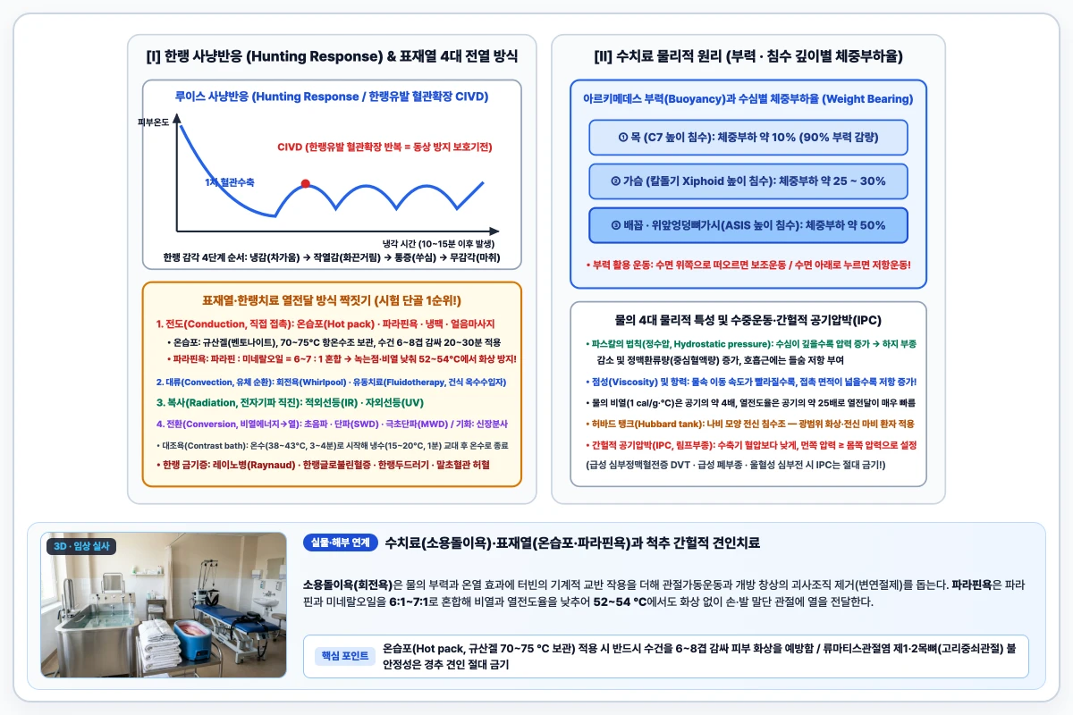 한랭 적용 시 혈관수축 후 한랭유발 혈관확장이 일어나는 사냥반응 온도 곡선과 수치료 침수 깊이별 체중부하율 도해