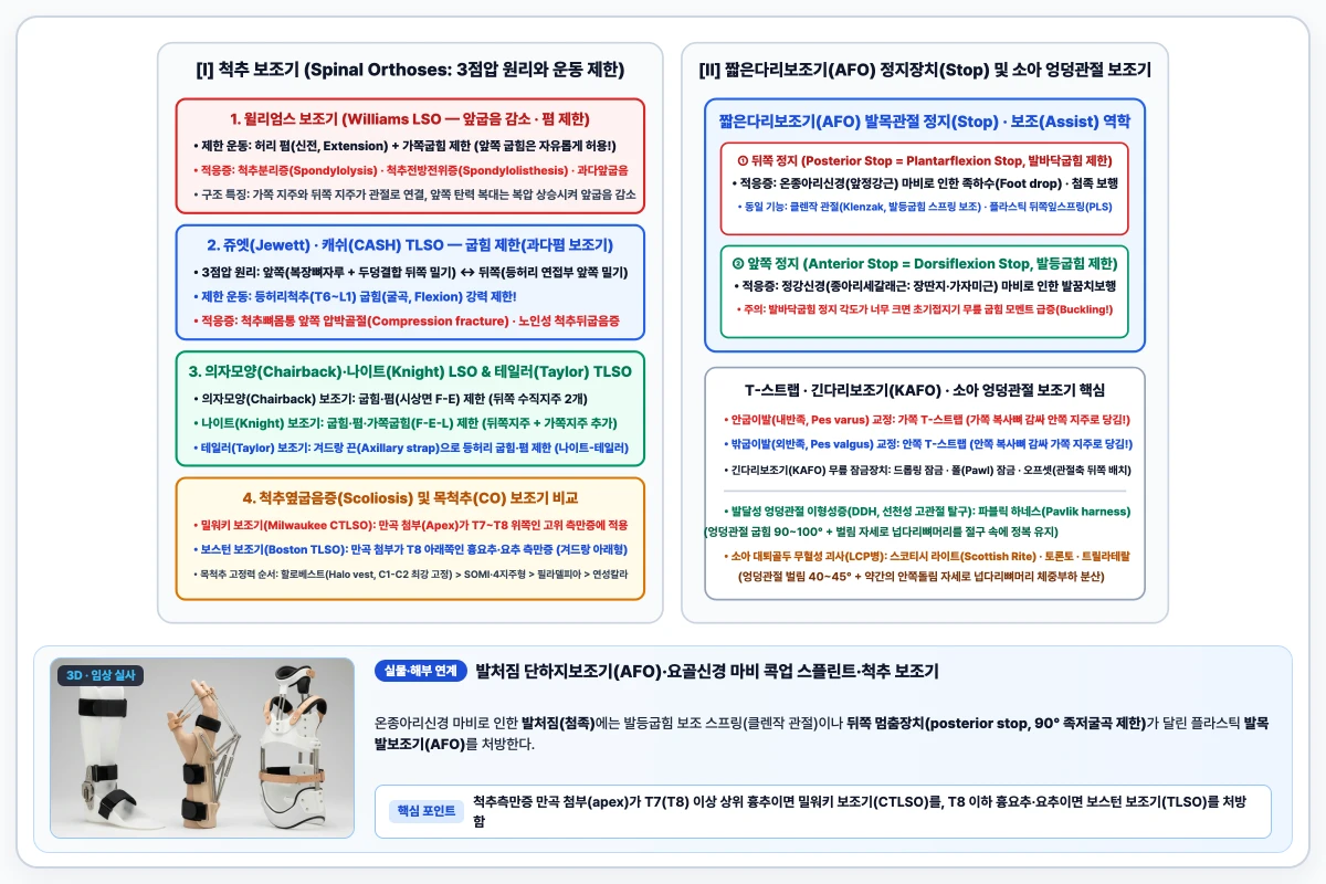 척추 보조기 종류별 운동 제한 원리와 짧은다리보조기 발목관절 정지 장치 및 보행 이상 교정 도해