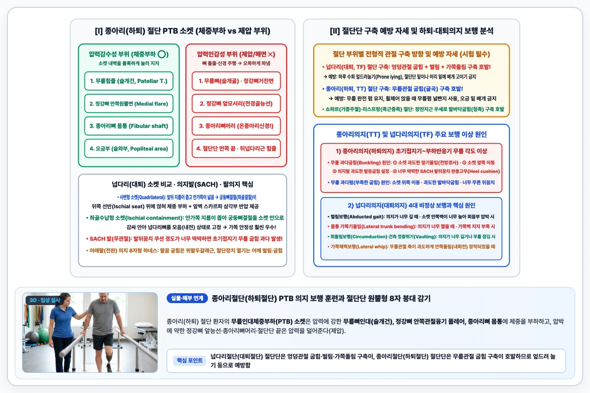 종아리절단 슬개건부하식(PTB) 소켓의 압력감수성·압력민감성 부위와 하퇴·대퇴의지 보행 이상 원인 도해