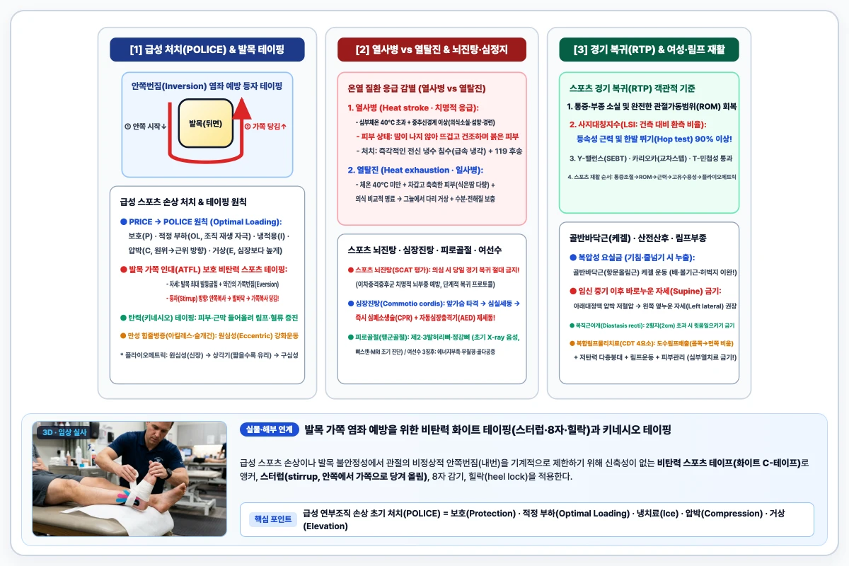 스포츠 급성 손상 처치(POLICE 원칙), 발목 안쪽번짐 염좌 예방 테이핑 당김 방향 및 열사병 대 열탈진 감별 도해