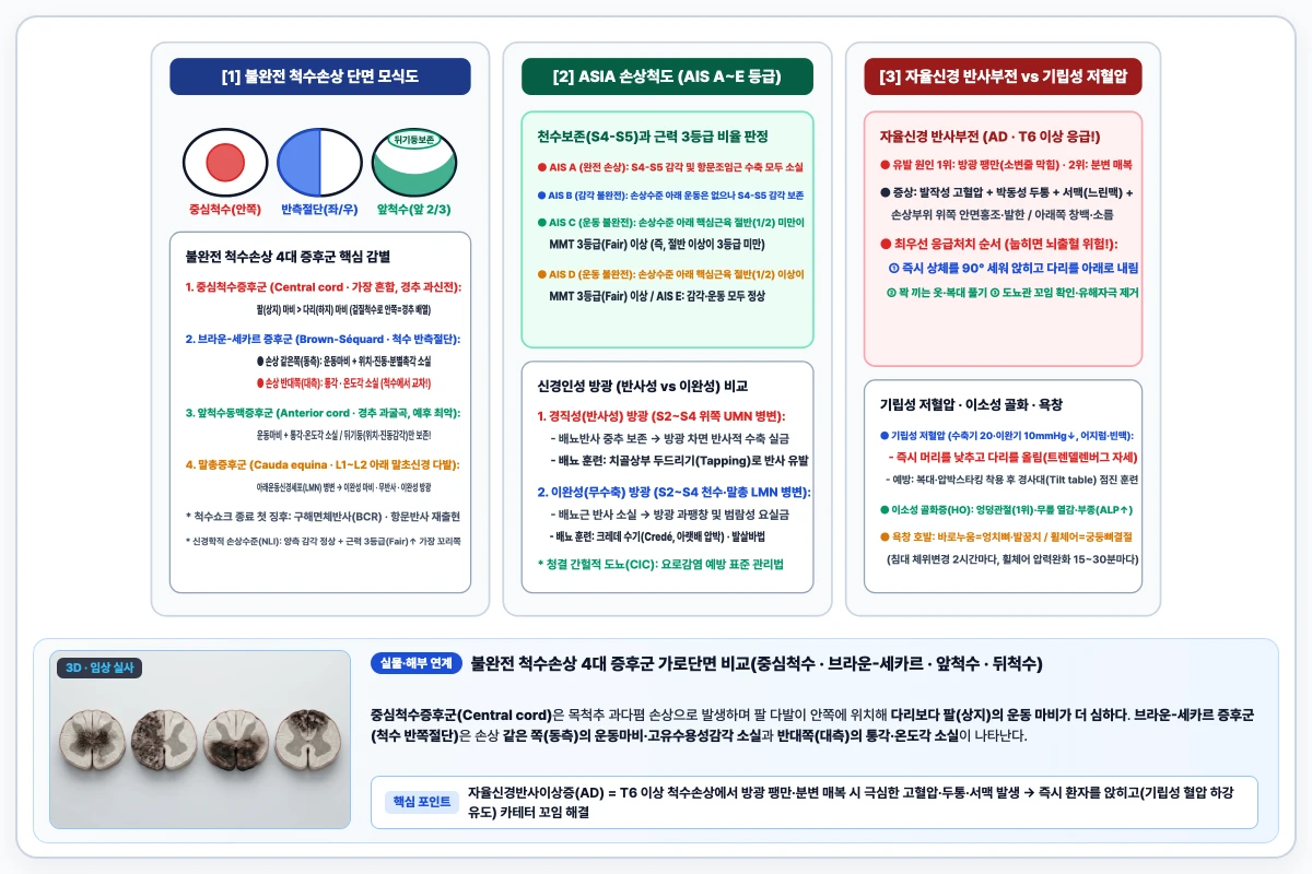 불완전 척수손상 4대 증후군(중심척수, 브라운-세카르 반측절단, 앞척수동맥, 말총증후군) 척수 단면 손상 부위 및 감각·운동 소실 비교 도해