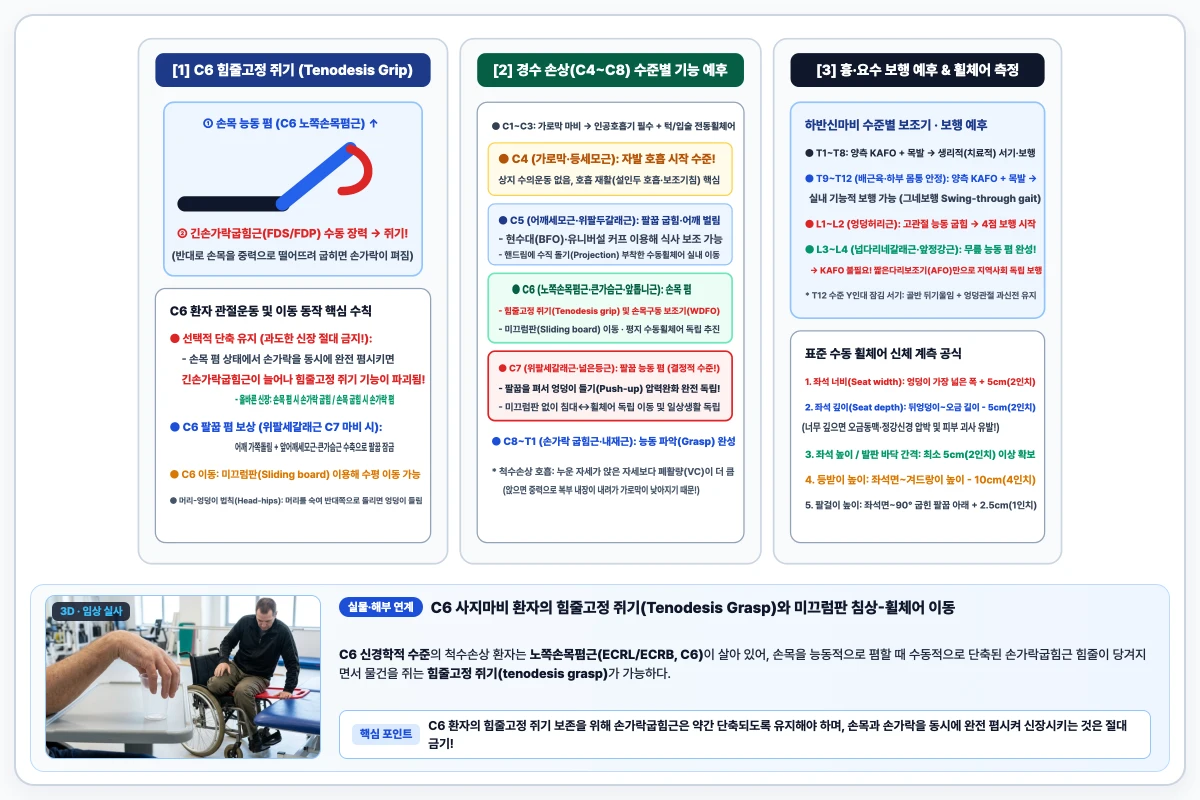 척수손상 C6 수준 힘줄고정 쥐기(Tenodesis grip: 손목 폄 시 손가락 수동 굽힘) 기전 및 신경학적 수준별(C4~L4) 핵심 근육과 기능 예후 도해