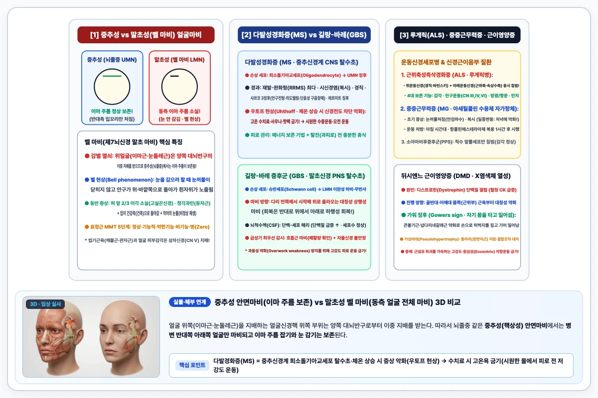 다발성경화증(중추 탈수초) 대 길랑-바레(말초 탈수초) 비교 및 중추성 대 말초성(벨 마비) 얼굴신경마비 이마 주름 감별 도해