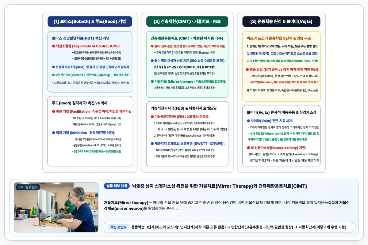 보바스 핵심조절점(Key point of control) 유도, 루드(Rood) 촉진 대 억제 자극 및 건측제한운동치료(CIMT)·거울치료 도해