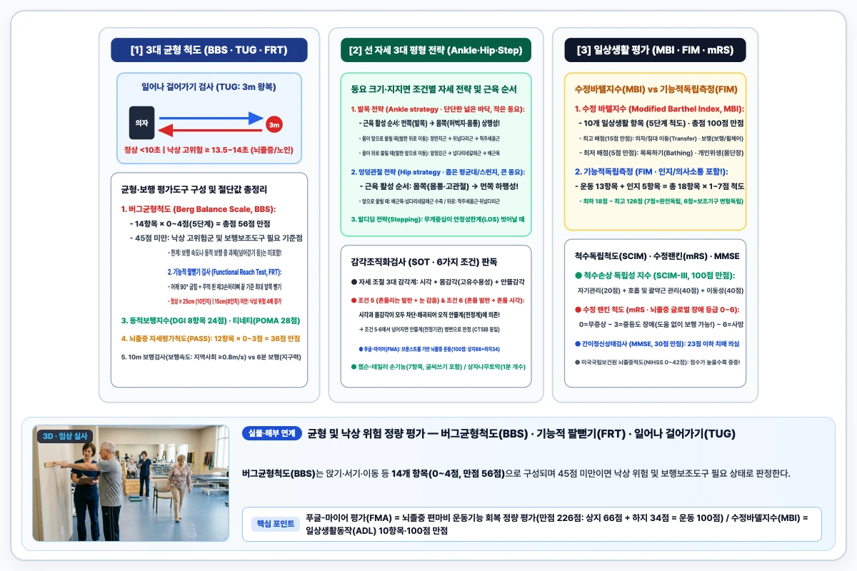 균형 및 이동 평가 척도(버그균형척도 BBS 56점, 일어나걸어가기 TUG 3m, 기능적 팔뻗기 FRT) 낙상 위험 절단값과 발목·엉덩 전략 도해
