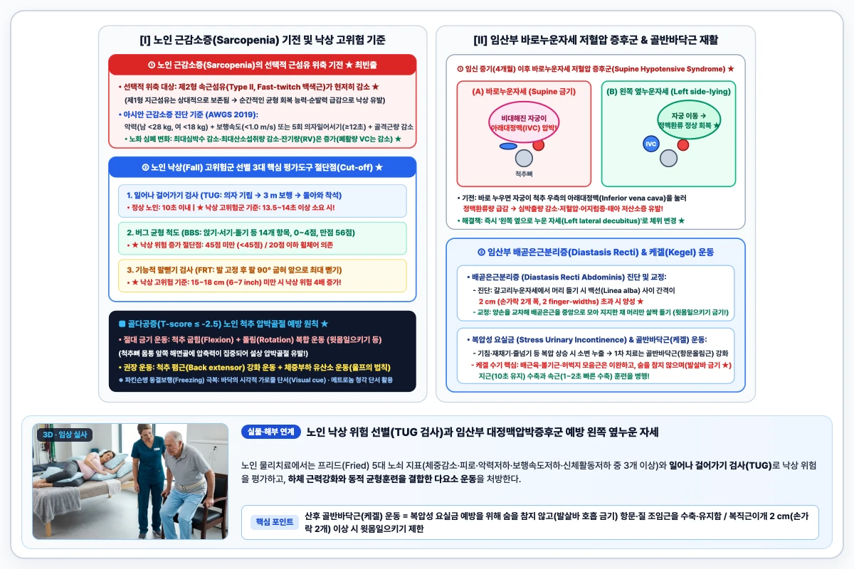 노인 근감소증(제2형 속근 위축)·낙상 선별검사 절단점 및 임산부 바로누운자세 저혈압 증후군 도해
