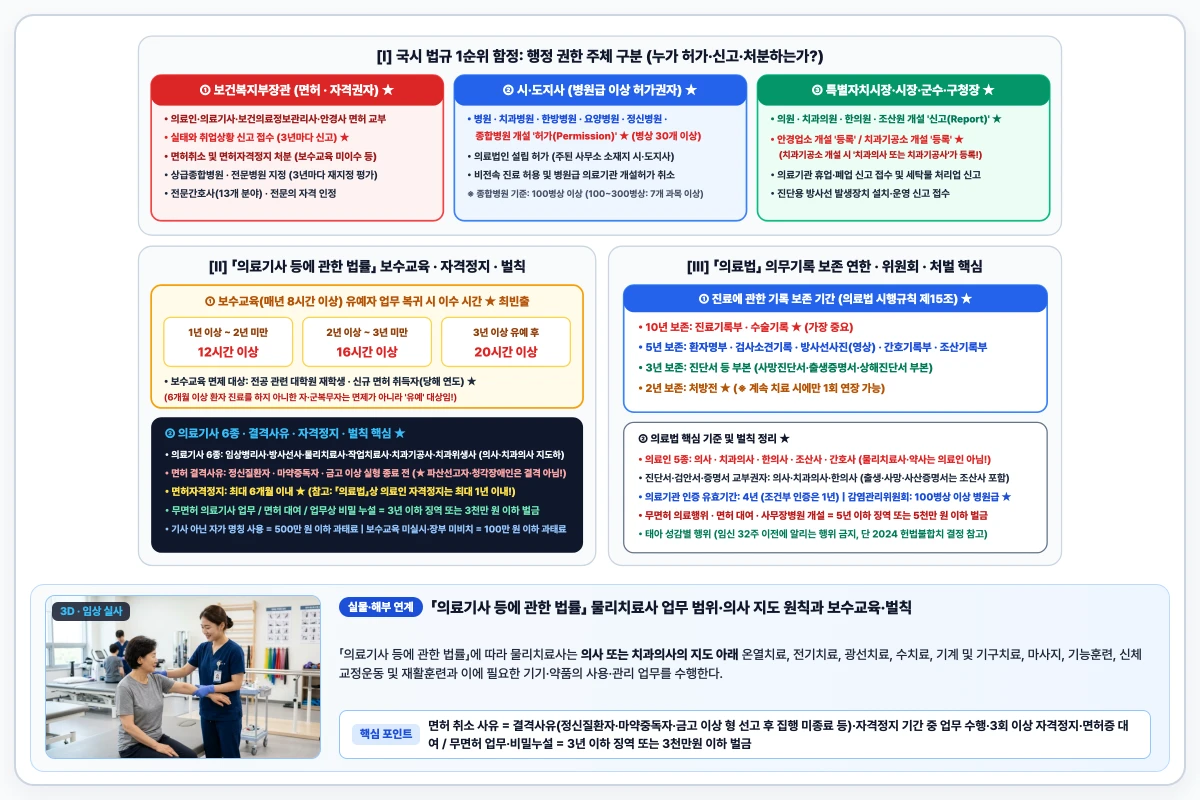 의료기사 등에 관한 법률과 의료법의 행정 권한 주체, 보수교육 유예 복귀 시간 및 의무기록 보존 연한 도해