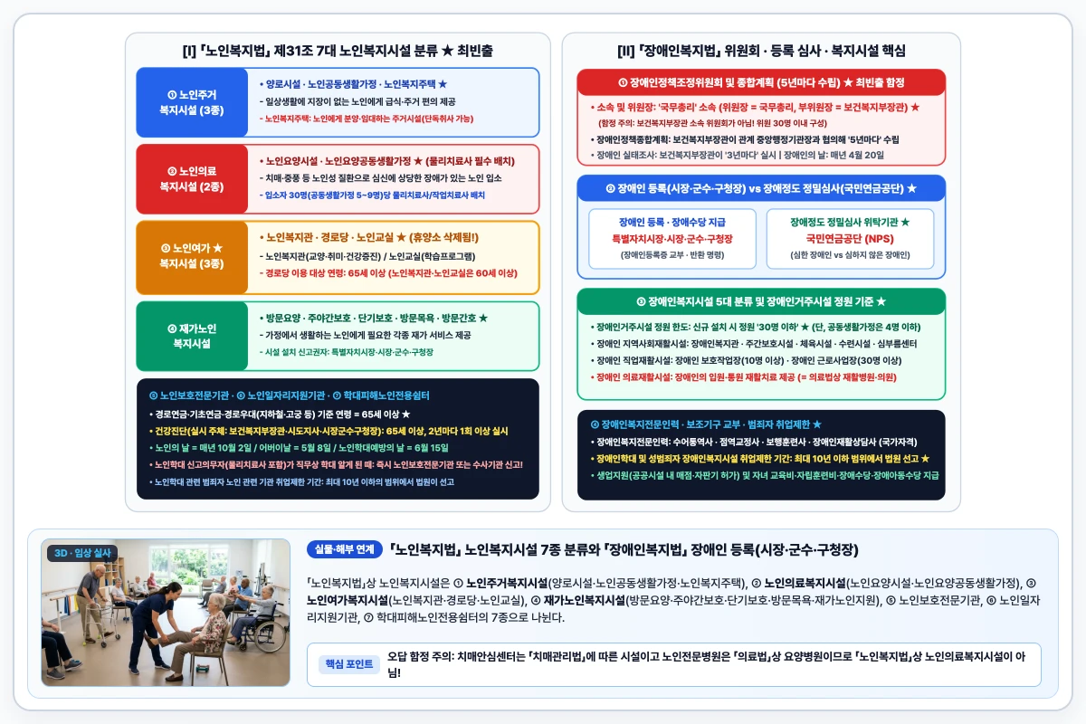 노인복지법 7대 노인복지시설 분류와 장애인복지법 위원회·정밀심사·거주시설 정원 기준 도해