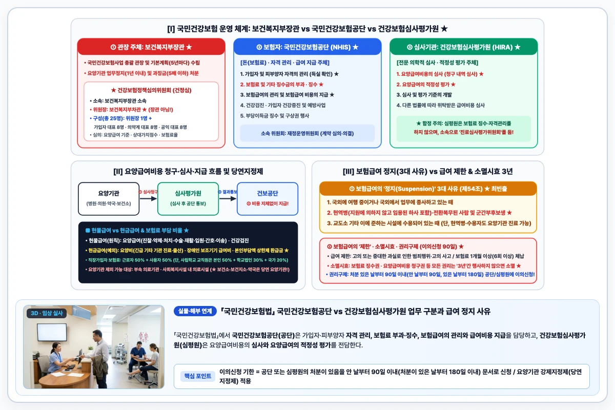국민건강보험법 3대 기관 역할 분담(복지부·건보공단·심평원), 요양급여 지급 흐름 및 급여정지 사유 도해