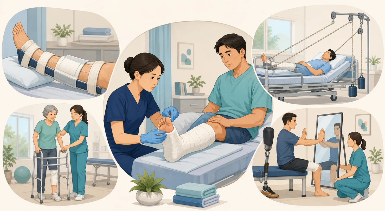 간호사가 다리 깁스를 한 성인 환자의 발가락 색과 감각, 움직임을 확인하고 주변에 부목 고정, 자유롭게 매달린 견인 추, 보행 재활과 절단 후 거울 치료를 보여 주는 신규 교육 삽화