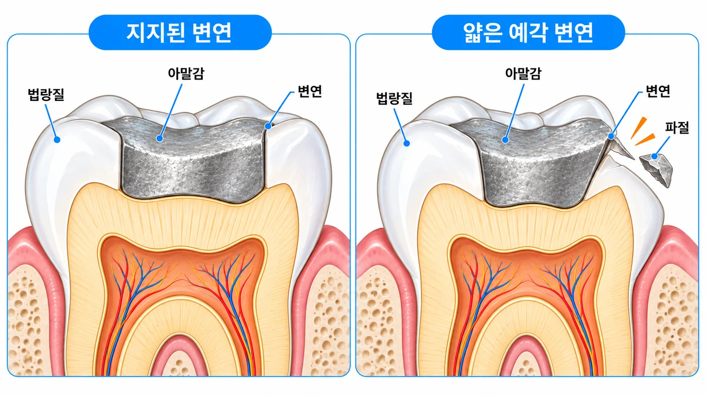 지지된 변연과 얇은 예각 변연의 파절 비교